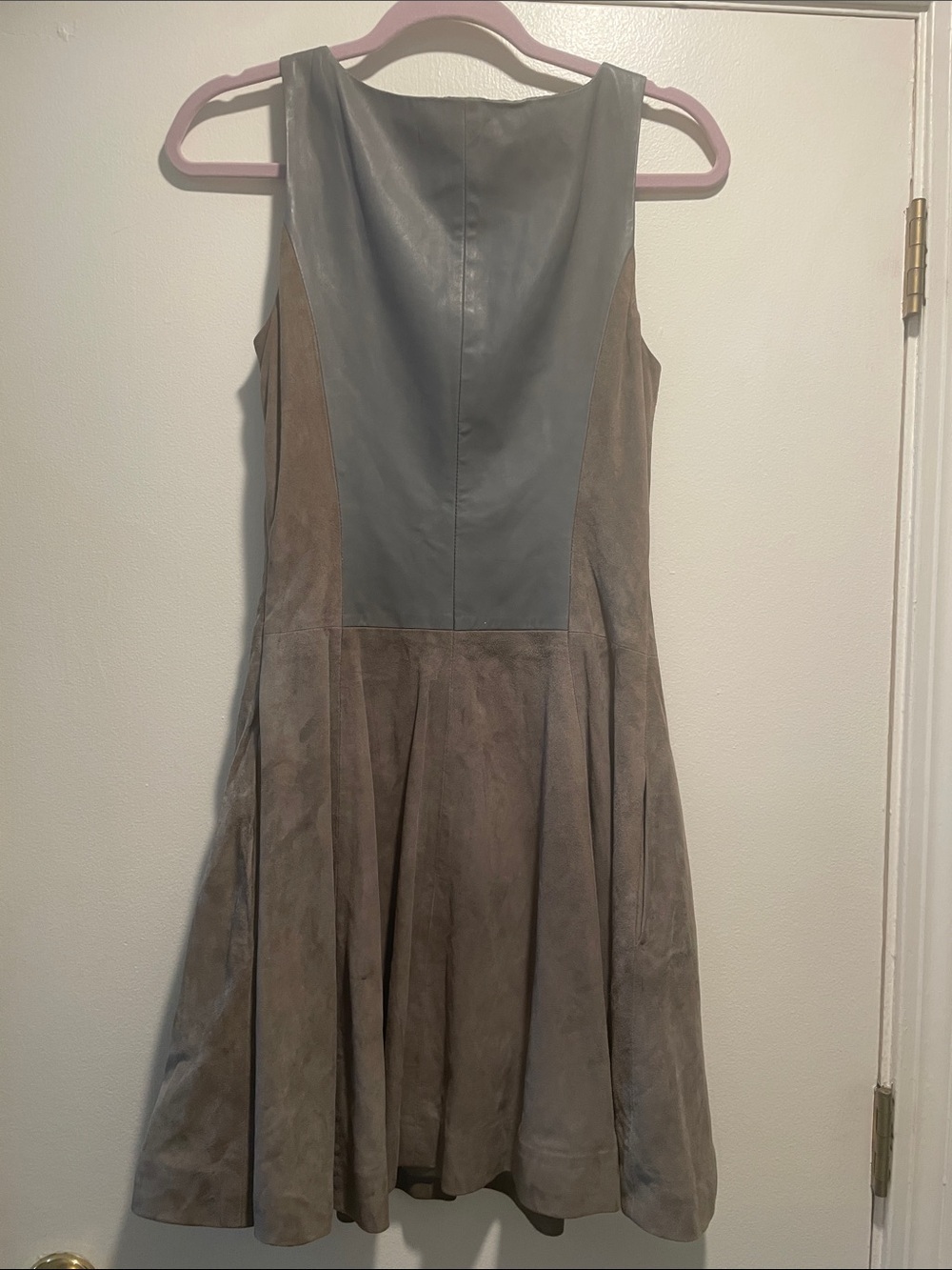 Armani Exchange Two-Tone Taupe a
Gray Goat & Lamb Leather Skater Lined Midi Dres - Picture 12 of 16